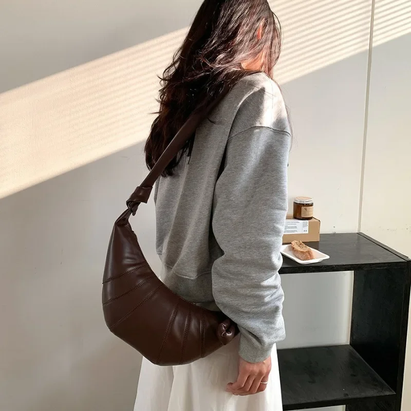 England Style Deluxe Croissant Shaped Shoulder Bag Niche Design PU Thread Crossbody Bag Soft High Quality Business Hobo Bag