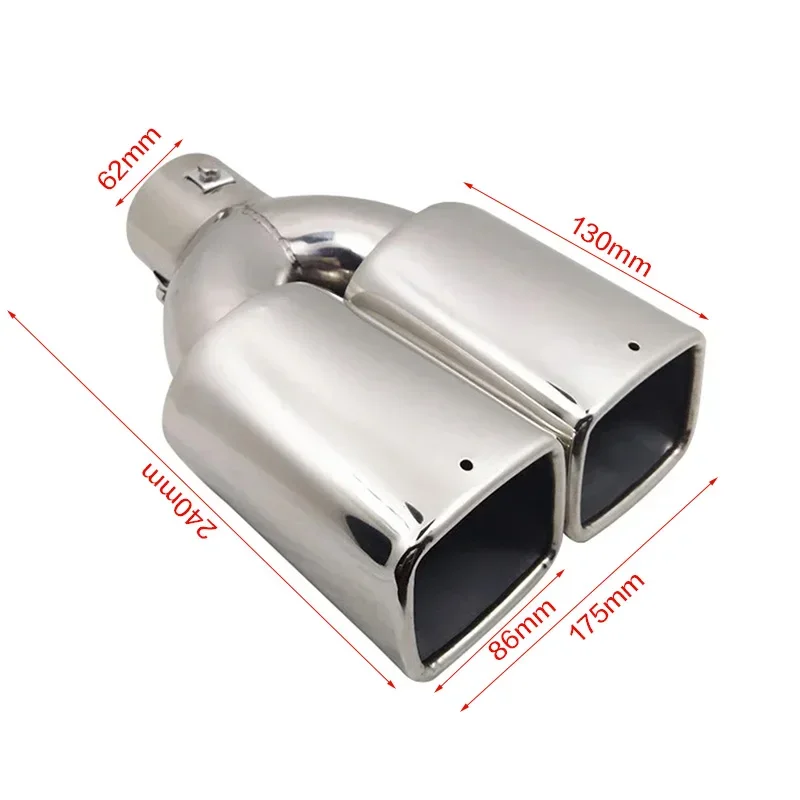 1PCS Universal Double Outlet Exhaust Pipe Tip Nozzle Rear Muffler Stainless Steel Square Mouth Exhaust Pipe Muffler Inlet 60mm