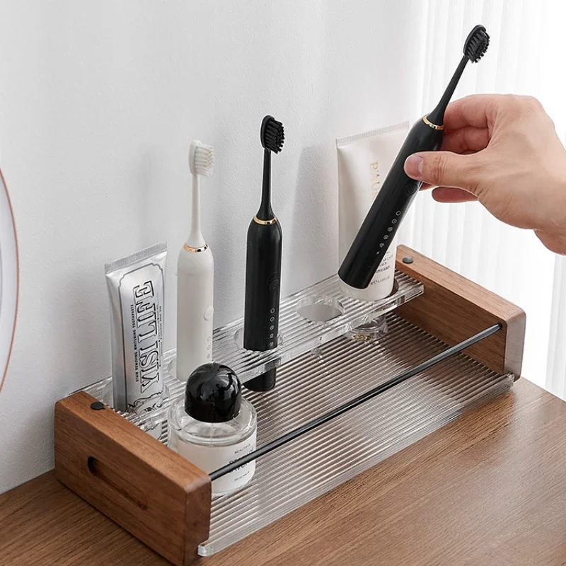 Acrylic & Wood Toothbrush Holder Bathroom Countertop Organizer for Toothpaste Vanity Accessories Modern  Compact