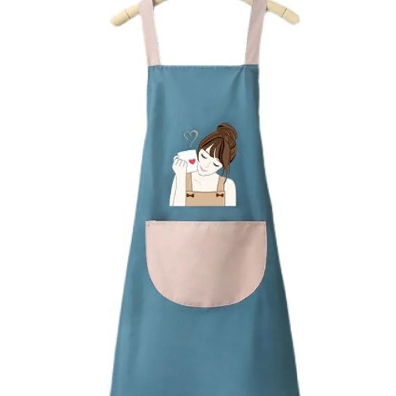 

72×60cm (28.35×23.62in) Water-Resistant Cooking Apron - Blue & Pink Color-Block Style, Coffee Girl Cartoon Pattern