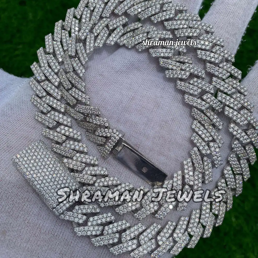 

925 Sterling Silver Fully Iced Out Vvs Moissanite Diamond Solid Miami Cuban Link Chain 14mm Hip Hop Necklace