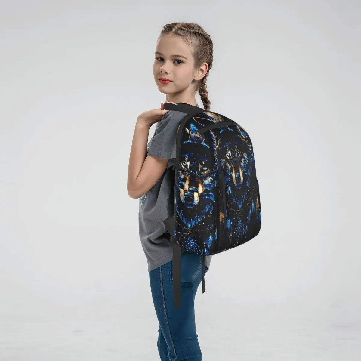 Dreamy Ethnic Style Wolf Backpack Large Capacity Kids BookBag School Bag Shoulder Bags for Men Women