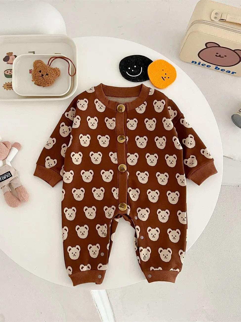 Korean Newborn Baby Boys Girls Autumn Winter Bear Cotton Long Sleeve Jumpsuit Clothes 0-12 Months Outerwear Bodysuits