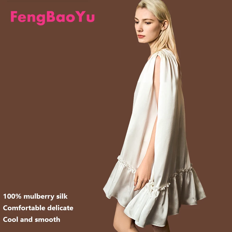 

100% Mulberry Silk Women's Dress White Silk Loose Large Size Fat Girl Nightdress Cool breathable Sweat Absorption Holiday Casual