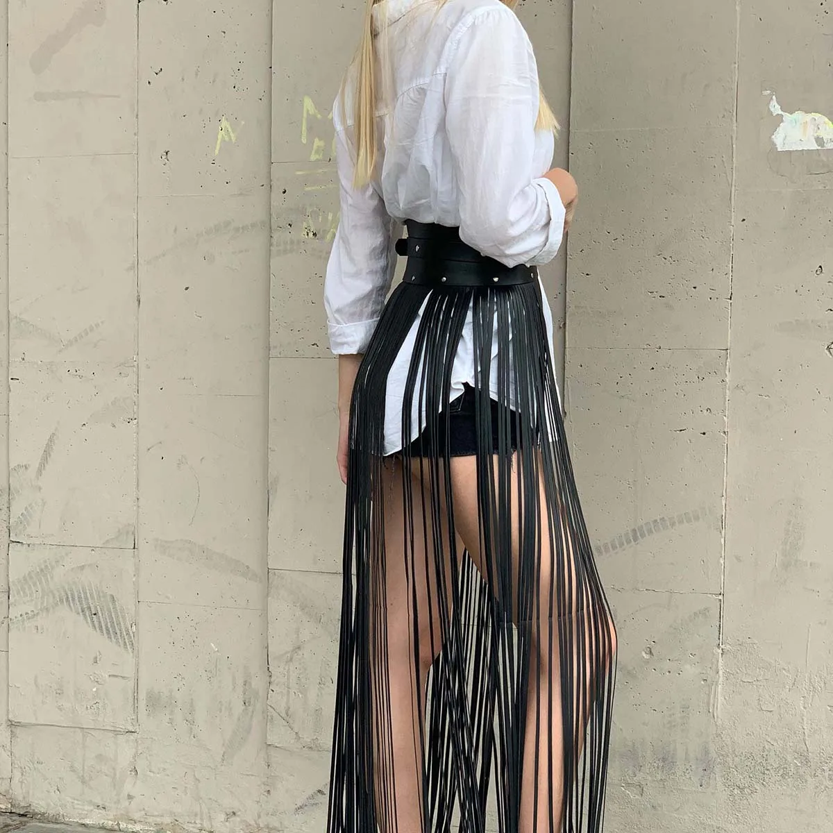 Moda damska Spódnica z frędzlami Skórzany pasek w talii Kobiecy styl uliczny Punk Długa spódnica z frędzlami Pasek z frędzlami Odzież Akcesoria
