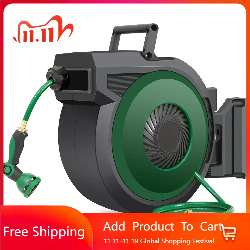 Garden Hose Reel, 1/2 Inch x 130 FT + 6 FT Wall Mount Hose Reel with Automatic Slow Rewind System, for Garden Watering