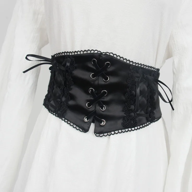 Versatile waist belt for girls, lace flower decorated corset sash with back tie, matches dresses and blouses