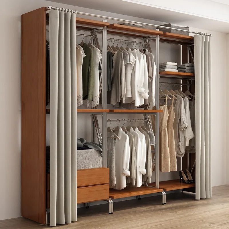 Pure solid wood wardrobe 2026 new popular bedroom home wardrobe metal wrought iron steel frame structure custom cloakroom