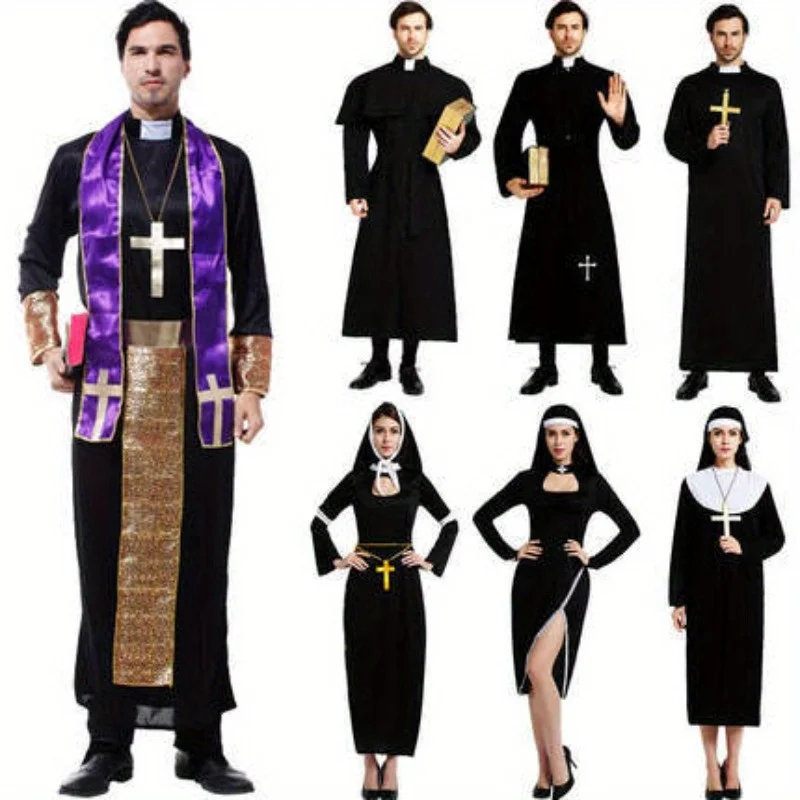 Halloween cosplay essencial jesus traje masculino missionário sacerdote traje pai maria freira traje com elementos cruzados adicionados