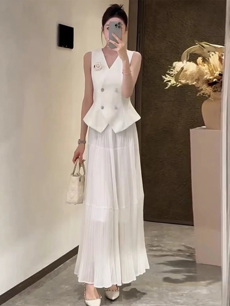 Summer Fashion High Waist Suit Two-Piece Set Simple Single Button Vest Top Skirt Ensemble V-Neck Short Sleeve Button-Up