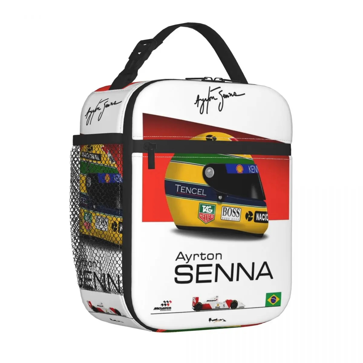 Ayrton Senna 1993 MP48 Helmet And Car Insulated Lunch Bag High Capacity Meal Container Cooler Bag Tote Lunch Box Food Handbags