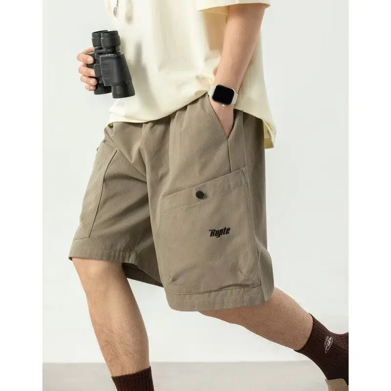 

2025 Summer Men's Cotton Cargo Shorts Vintage Large Pockets Loose Fit American Letter Embroidery Streetwear Casual Relaxed Retro