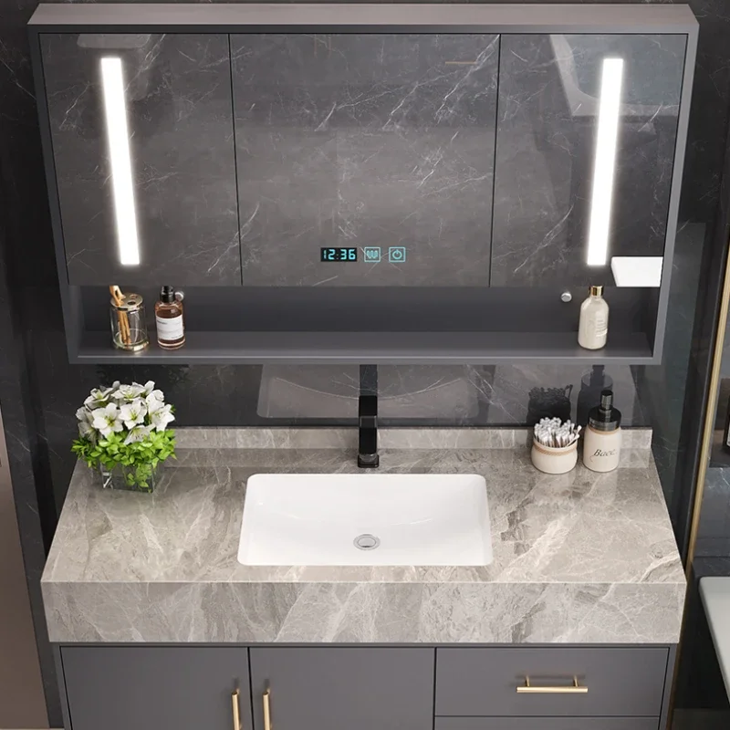 Stone Slab Integrated Basin Intelligent Bathroom Cabinet Combination Solid Wood Light Meuble Salle De Bain Washbasin Toilet