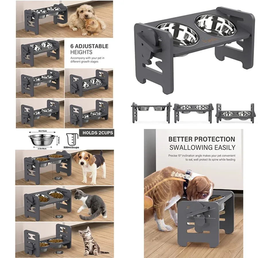 

Elevated Dog Bowls, Adjustable Raised Dog Bowl Stand Puppy and Cats, Sturdy Pet Food Feeder with 2 Stainless Steel Dishes, Gray