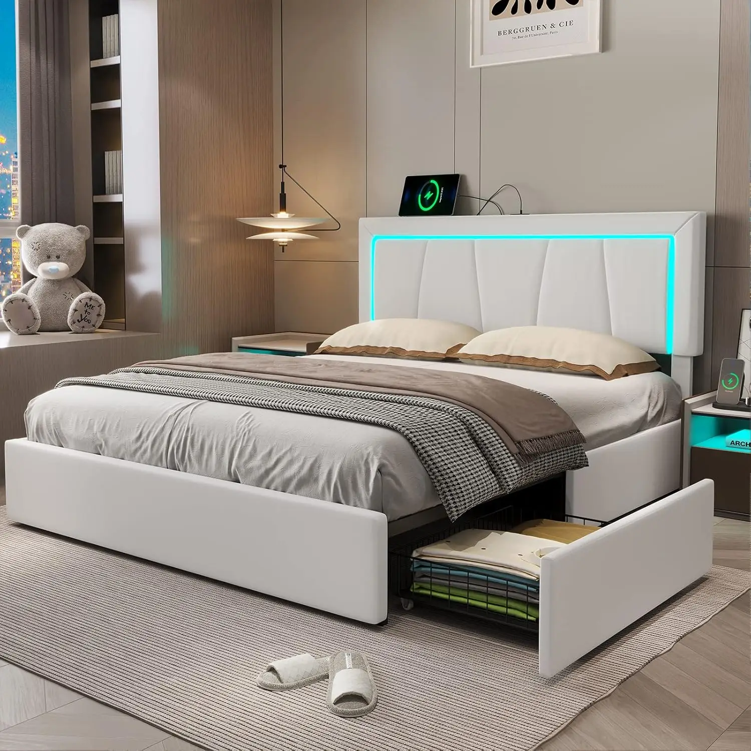 Full Bed Frame with 4 Storage DrawersLED Light Platform Bed Full Size with Charging Station,White Artificial Leather Upholstered