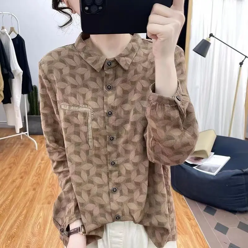 Spring and Autumn New Korean Pure Cotton Long Sleeved Shirt Women's Flip Collar Digital Printed Top