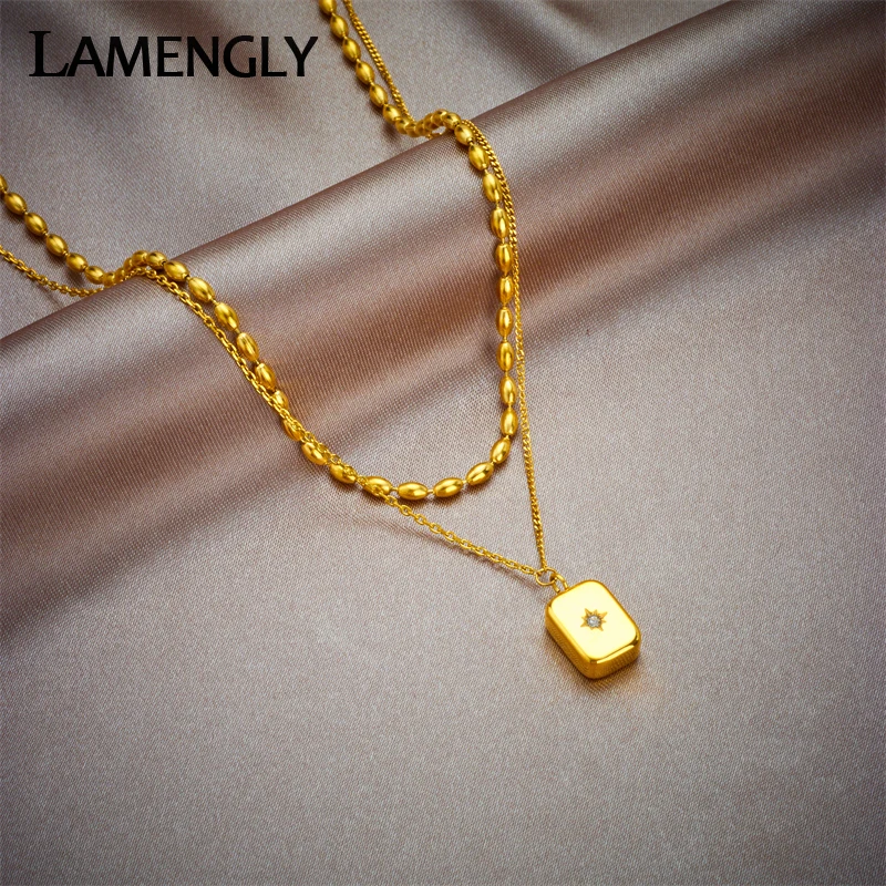 LAMENGLY 316L Stainless Steel Cube Star Zircon Pendant Necklace For Women New Trend Girls Choker Clavicle Chains Jewelry Gifts