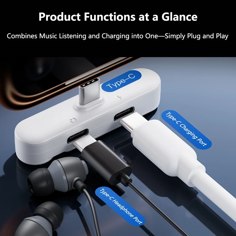 2 in 1 Type C Audio Adapter With Bracket USB C To USB C Charge/Headphone Adapter For iPhone 15 16 17 Samsung Tablet Samsung OTG