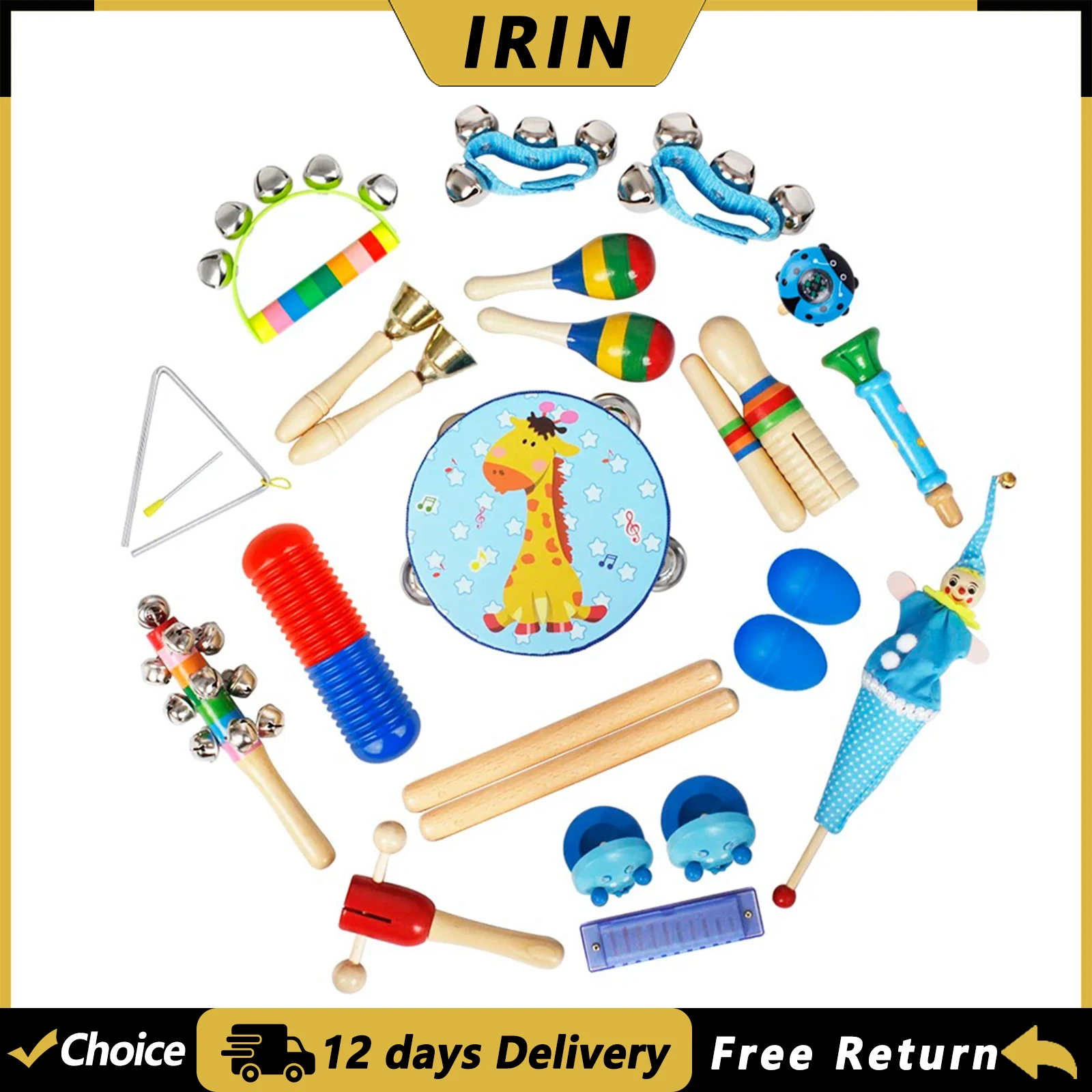 IRIN 22 Pcs/Set Orff Musical Instruments Maracas Shaker Toddler Tambourine Hand Rattle Bell Educational Tools Rhythm Gifts
