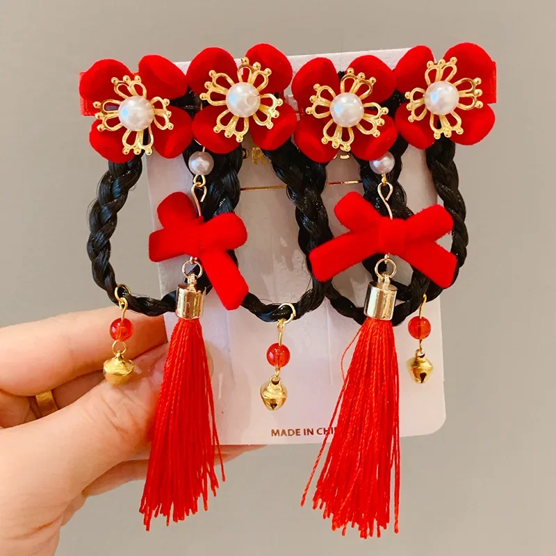 Nieuwe Chinese Stijl Meisje Pruik Vlecht Baby Hoofddeksels Chinese Nieuwjaar Haaraccessoires Kwastjes Nieuwjaar Vakantie Accessoires