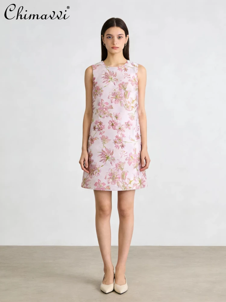 

French Style Elegant Pink Sleeveless Dress for Women Summer Heavy Industry Beaded Print High-waisted Slim-fit Short Tank Dress