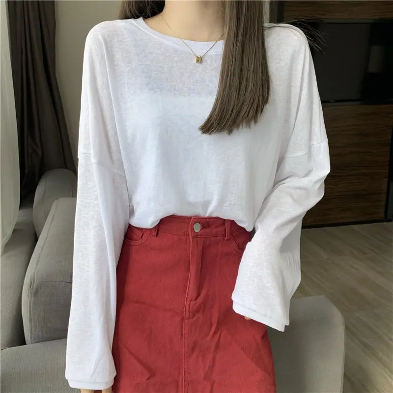 

Sexy Thin Loose Net Yarn T Shirts Summer New Long Sleeve Black White Simplicity Solid Trend Tops Fashion Casual Women Clothing