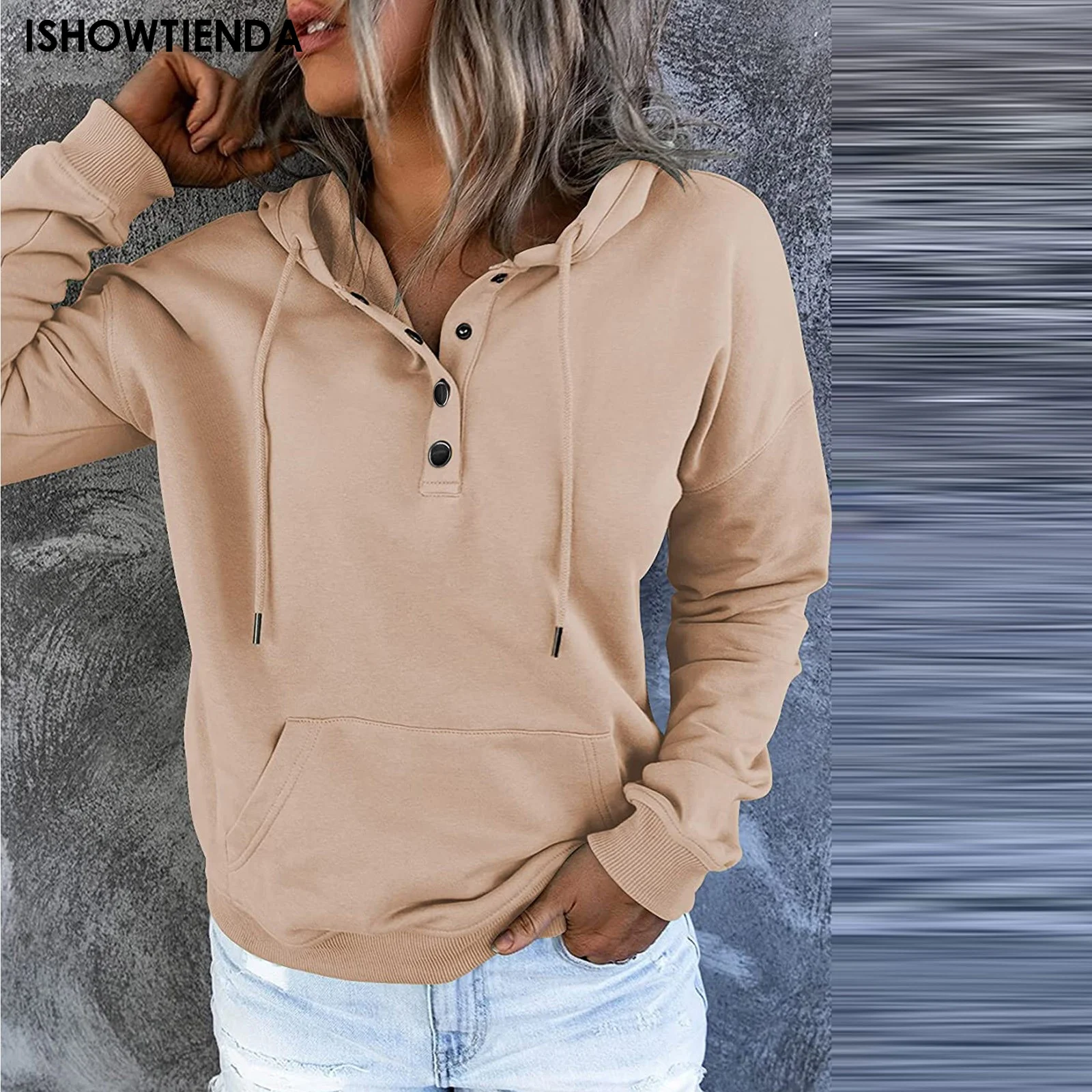 2023 New Winter Women's Hoodie Sweater Pullover Fashion Women's Button Neck Japanese Solid Top Personality Sweatshirt Women