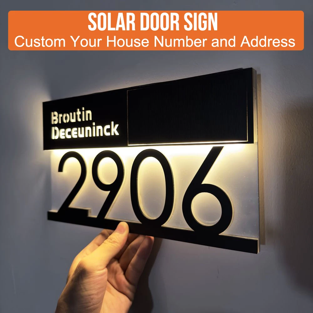 

Customized Solar House Number Plate Exterior LED Light House Sign Personalized 3D Laser Cutting Street Family Name Door Sign