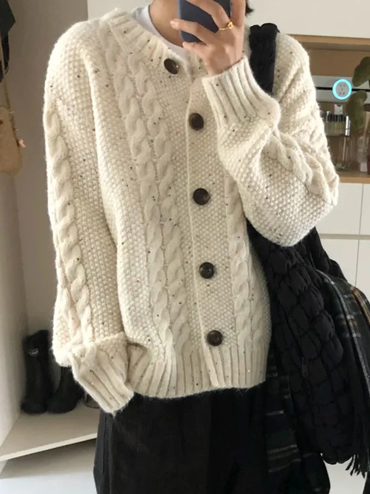 

New Cardigan 100% Merino Wool Women Round Collar Knitted Thick Autumn Winter Casual Comfortable Warm Top Fashionable Clothing