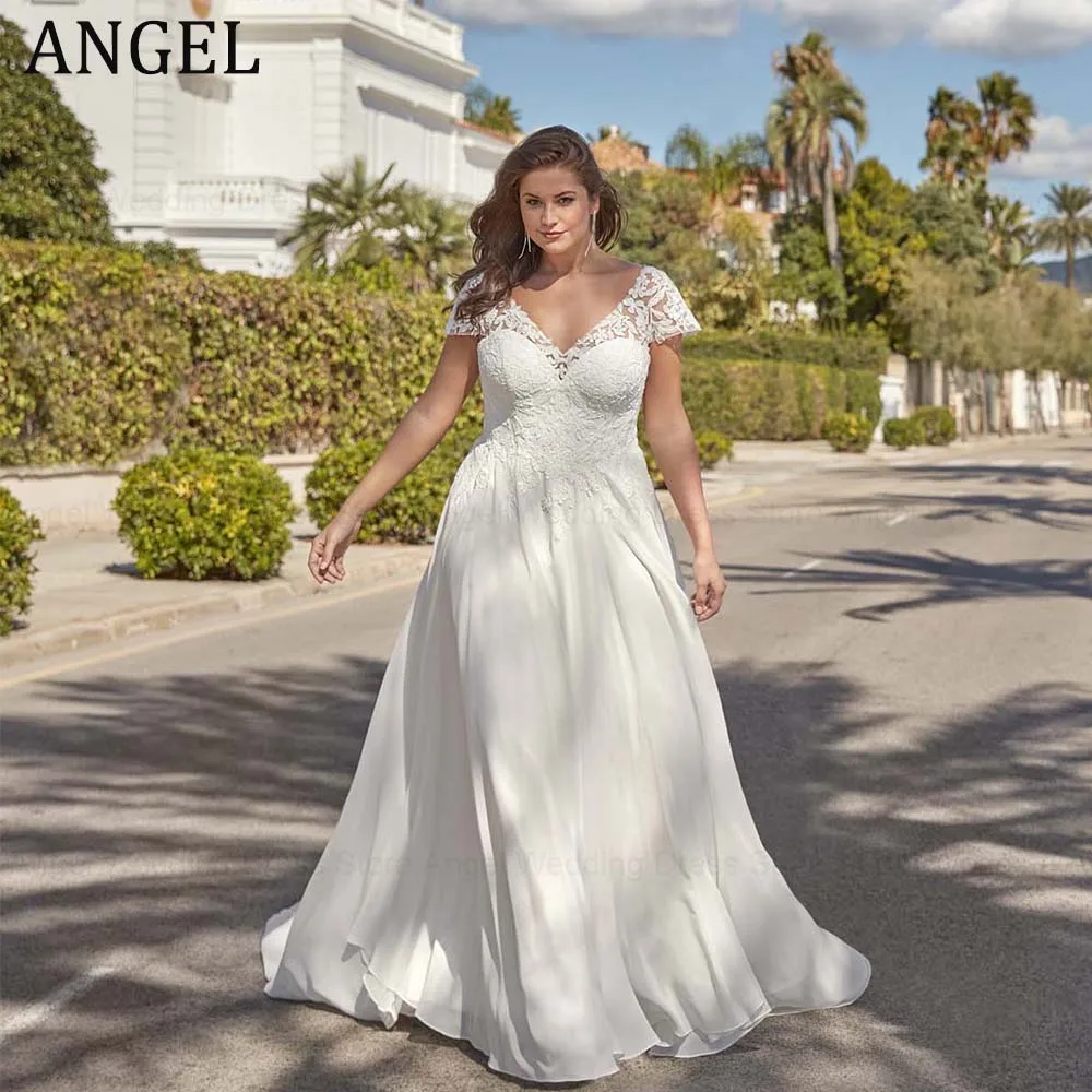 ANGEL Customized Exquisite Plus Size Wedding Dress 2026 A-Line V-Neck Long Bridal Gowns Applqiues Short Sleeves Vestido de Novia