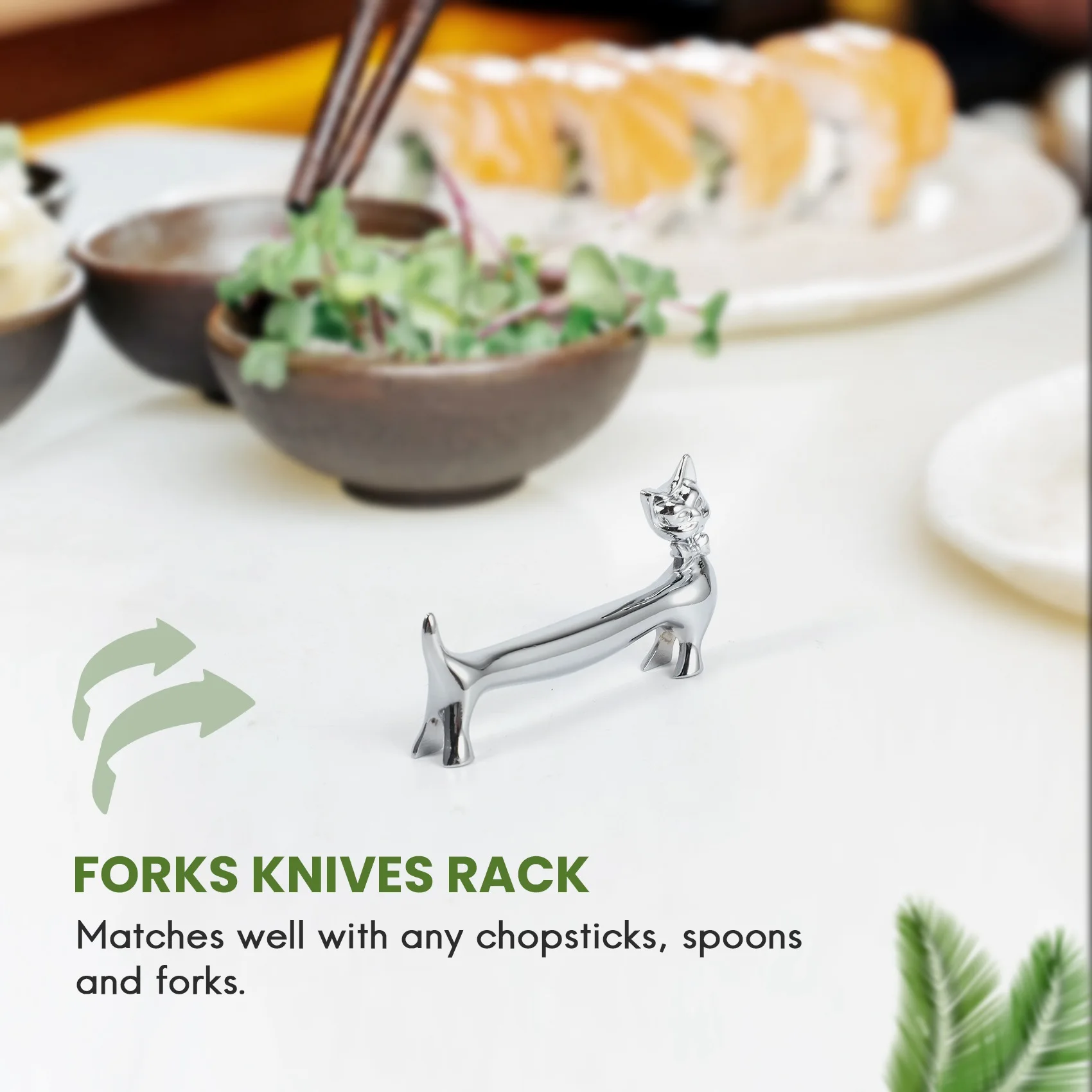 ABBN-Pack Of 5 Pcs Zinc Alloy Chopsticks Spoon Forks Knives Tableware Rest Rack Set, Silver Bow Tie Cat Stand