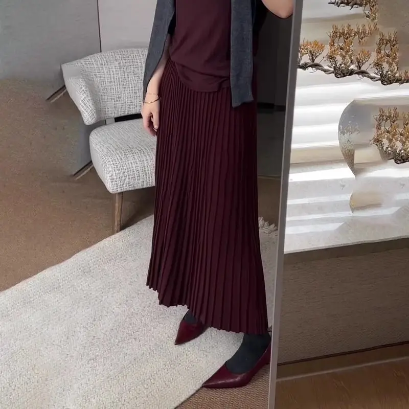 

Anchor Red Pleated Skirt Women's Autumn and Winter French Retro Style Versatile Loose A-Line Skirt