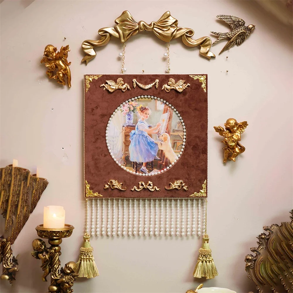 Light Luxury Palace Style Brown Velvet Relief Frame Wall Hanging Homestay Decoration European Angel Swallow Bow Home Decoration