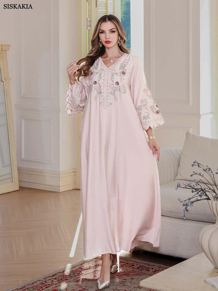 Siskakia luxe broderie florale femme robe de soirée col en v Abayas dubaï pétale manches Caftan marocain