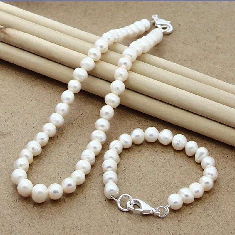 6mm-8mm Natural Pearl Beaded Chain 925 Silver Clasp Necklace Bracelet Set For Women\'S Wedding Engagement Party Jewelry Set