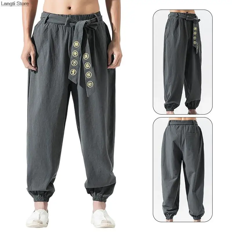 

Chinese Style Kimono Harem Pants Cotton Linen Embroidery Pants Harajuku Japan Men Traditional Asian Kimono Trousers Costume