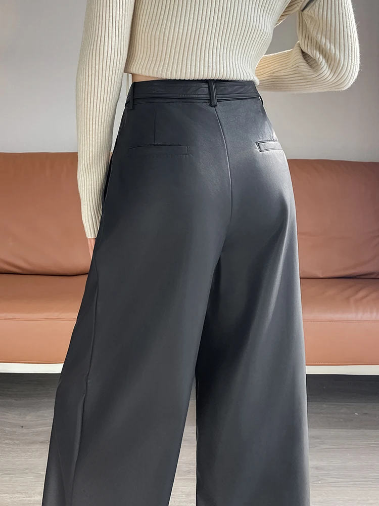 Korean Fashion Women High Waist Wide Leg PU Leather Palazzo Pants Culottes Black Pants Pocket Trousers Female 2025 New Outfits