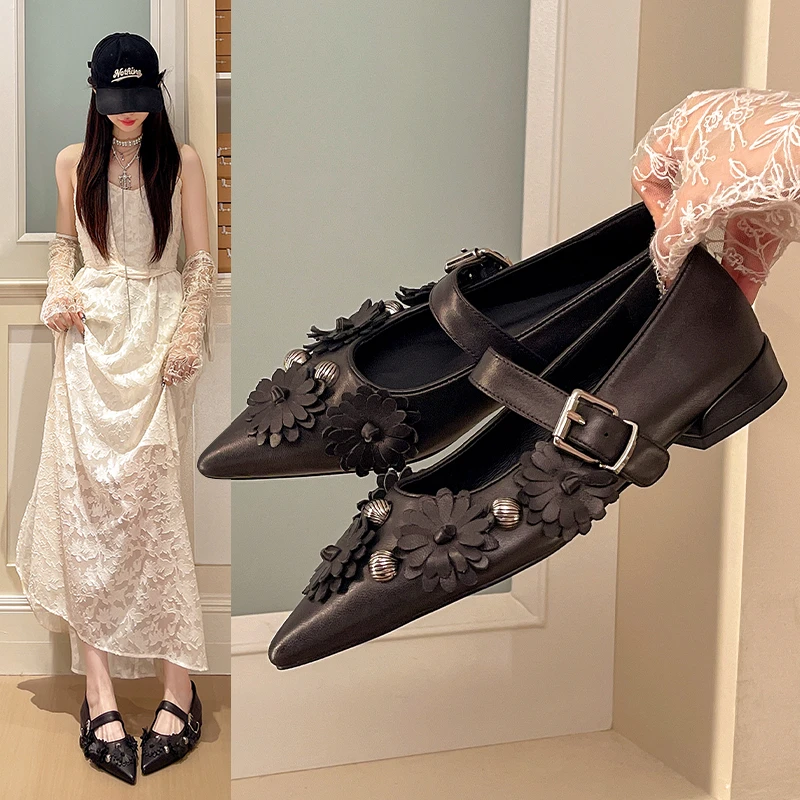 

Vintage Black Floral Pointed Toe Mary Jane Flats for Women Metal Rivet Buckle Strap Soft Leather Casual Dressy Ballerina Shoes