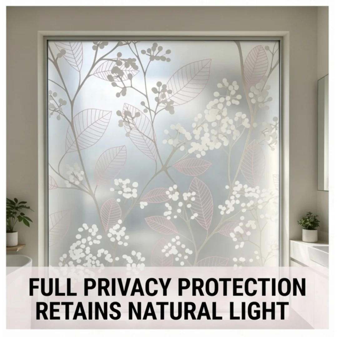 Blossom Leaf Pattern Self‑Adhesive Window Sticker Frosted Glass Film Privacy Light Filtering Decor for Shower Door Home Windows