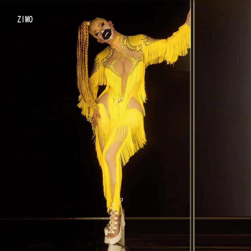 Yellow fringed long sleeved high neck printed jumpsuit for women club birthday party DS performance Team pole dance clothing