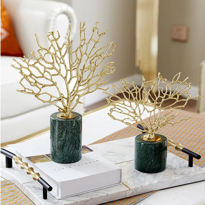 Modern Bronze Coral Sculpture with Marble Base Brass Indoor Home Decoration