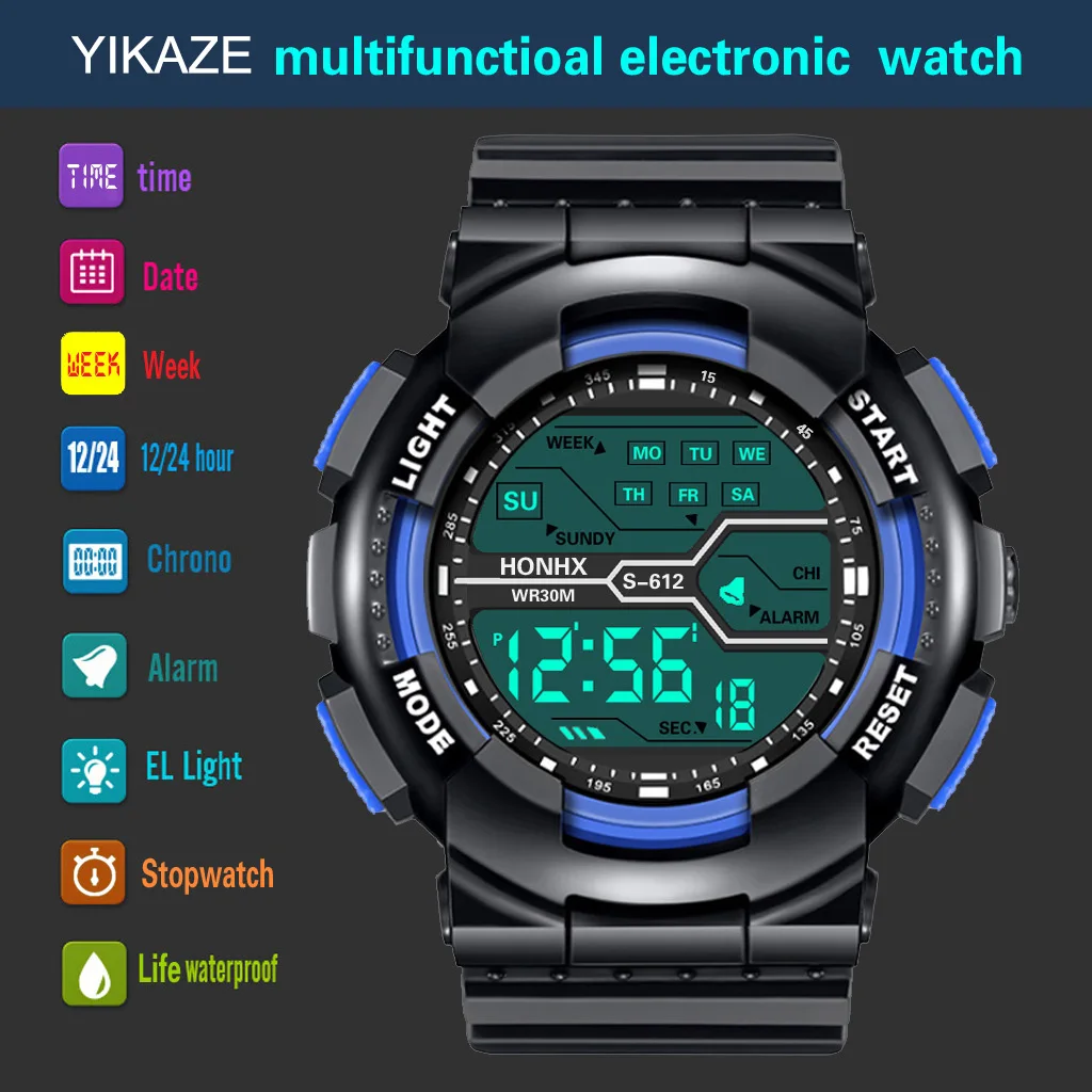 YIKAZE-Relógio eletrônico esportivo masculino, relógio multifuncional, mostrador grande, tendência de aventura ao ar livre, relógio luminoso, 55mm