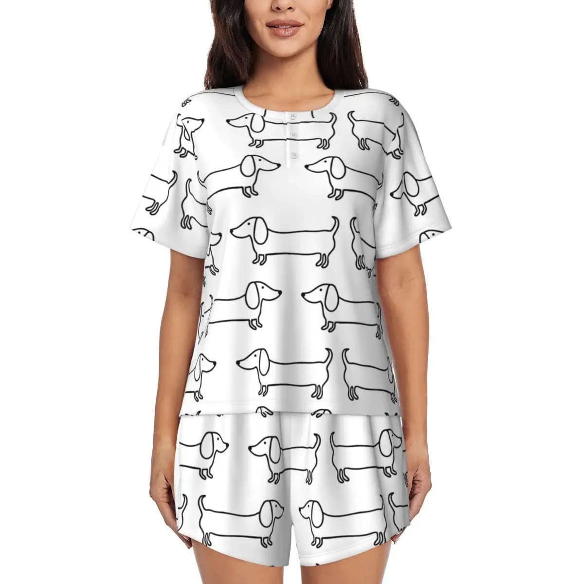 Custom Women's Kawaii Dachshund Pajamas Set Printed Short Sleeve Wiener Sausage Dog Sleepwear Loungewear Pjs 2 Piece Sets
