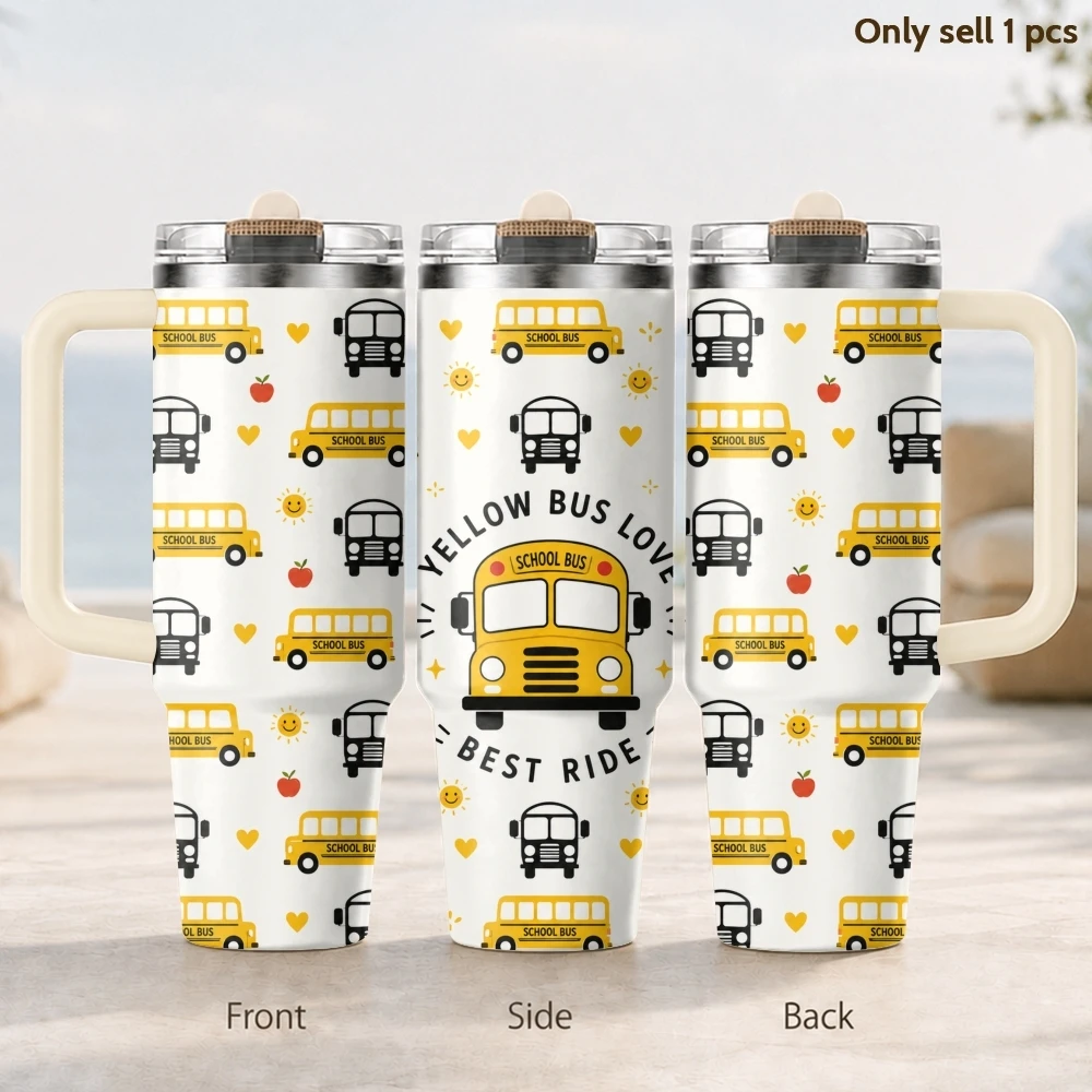 School Bus Label Vacuum Flasks 40oz 3rd Gen Vacuum Insulated Stainless Steel Tumbler Cup with Handle Straw Lid for Gifts