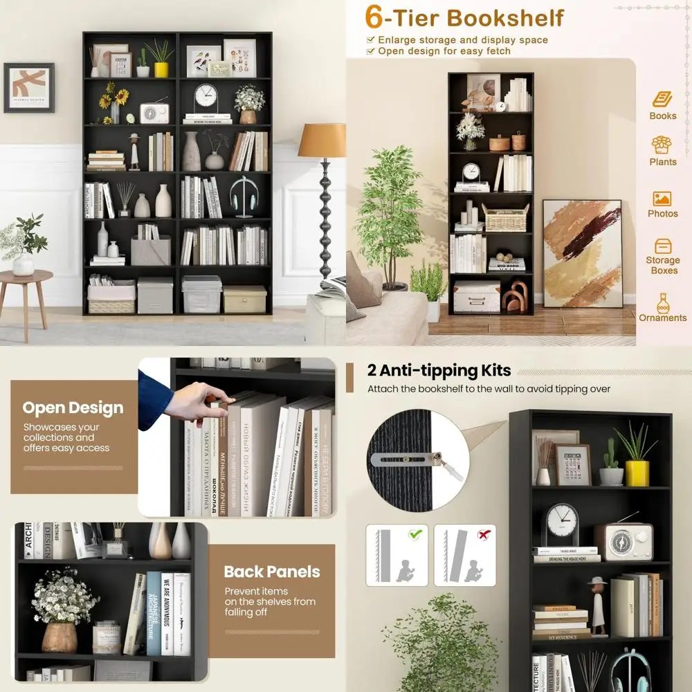 خزانة كتب خشبية قائمة على الأرض مكونة من 6 طبقات، وأرفف تنظيم تخزين مفتوحة العرض، و70 رف كتب طويلًا للاستخدام في المكاتب المنزلية