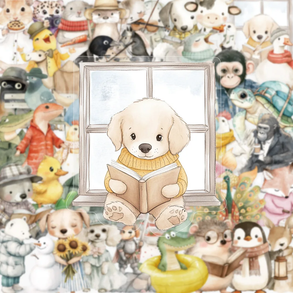 50 Stück Warme Retro Cartoon Aquarell Tier PET Aufkleber Set Welpen Rinder Kaninchen für Scrapbook Handyhülle Laptop Gitarre Kunst Geschenk
