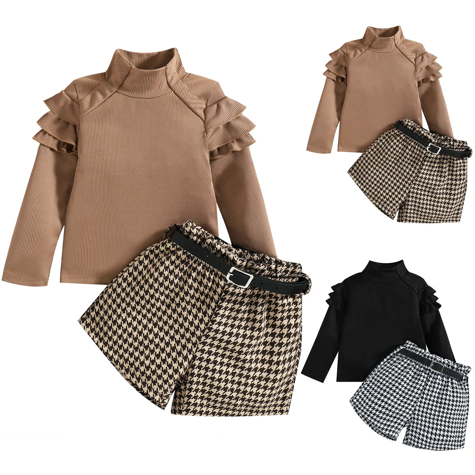 

Kid Boutique Clothes Spring Autumn 2 Pieces Sets Girls High Collar Ruffle Design Sweater Bird Check Skirt Belt Retro Fashion Set