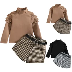 Kid Boutique Clothes Spring Autumn 2 Pieces Sets Girls High Collar Ruffle Design Sweater Bird Check Skirt Belt Retro Fashion Set