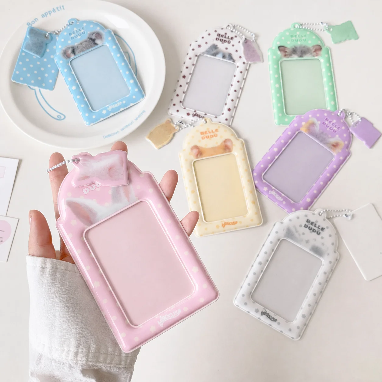 Cute Animal Pattern Pvc Card Holder 3-Inch  Photocard Holder Animal Ear Print Polka Dot Design Photo Protector With Pendant