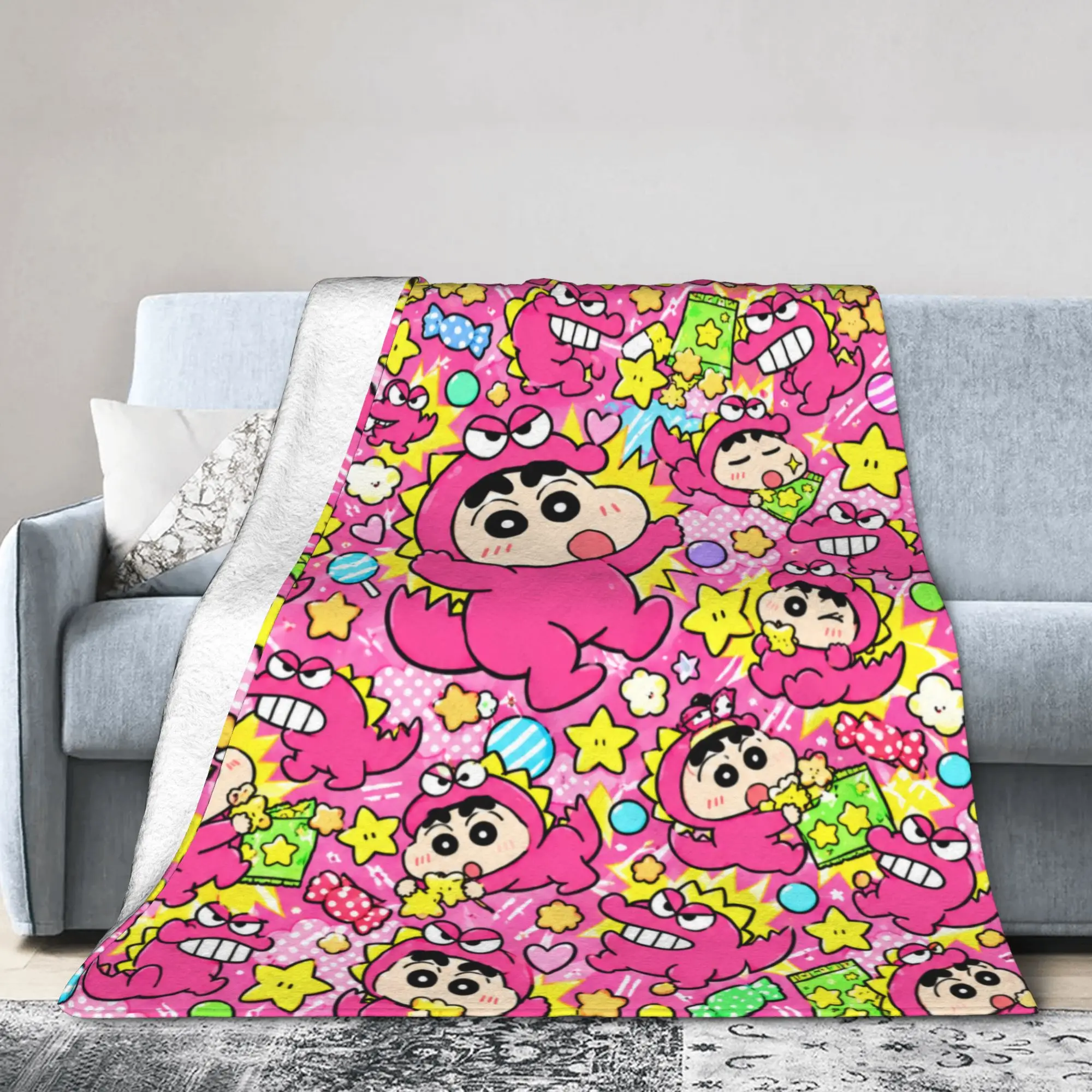 Crayon Shin-chans Pink Dino Blanket Warm Soft Aesthetic Plush Throw Blanket For Girls Boys Couch Bed Flannel Bedspread Bed Cover